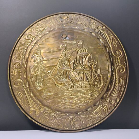 Vtg Embossed 3D Copper Wall Plate Decor Of A Ship Sailing Along The Sea - Picture 9 of 11